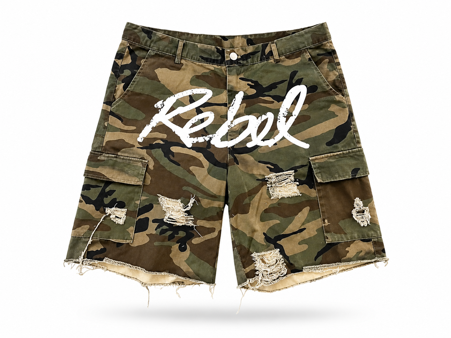 Rebel Camo Distressed Cargo Shorts